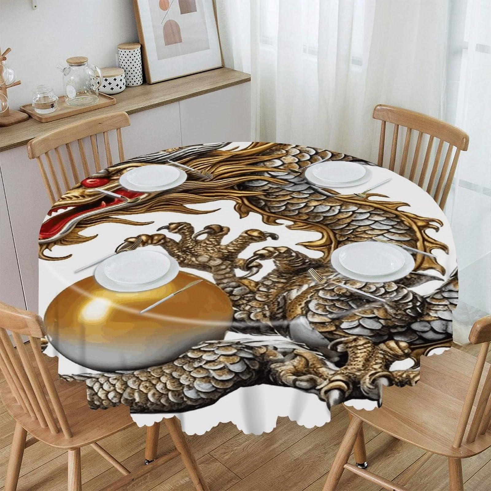 VstaDank Chinese Dragon with Pearl Round Tablecloth Premium Polyester Table Cloth Heavy Duty Washable Fabric Tablecloth Waterproof Holiday Table Cover Decorative Tablecloths for Dining 60"