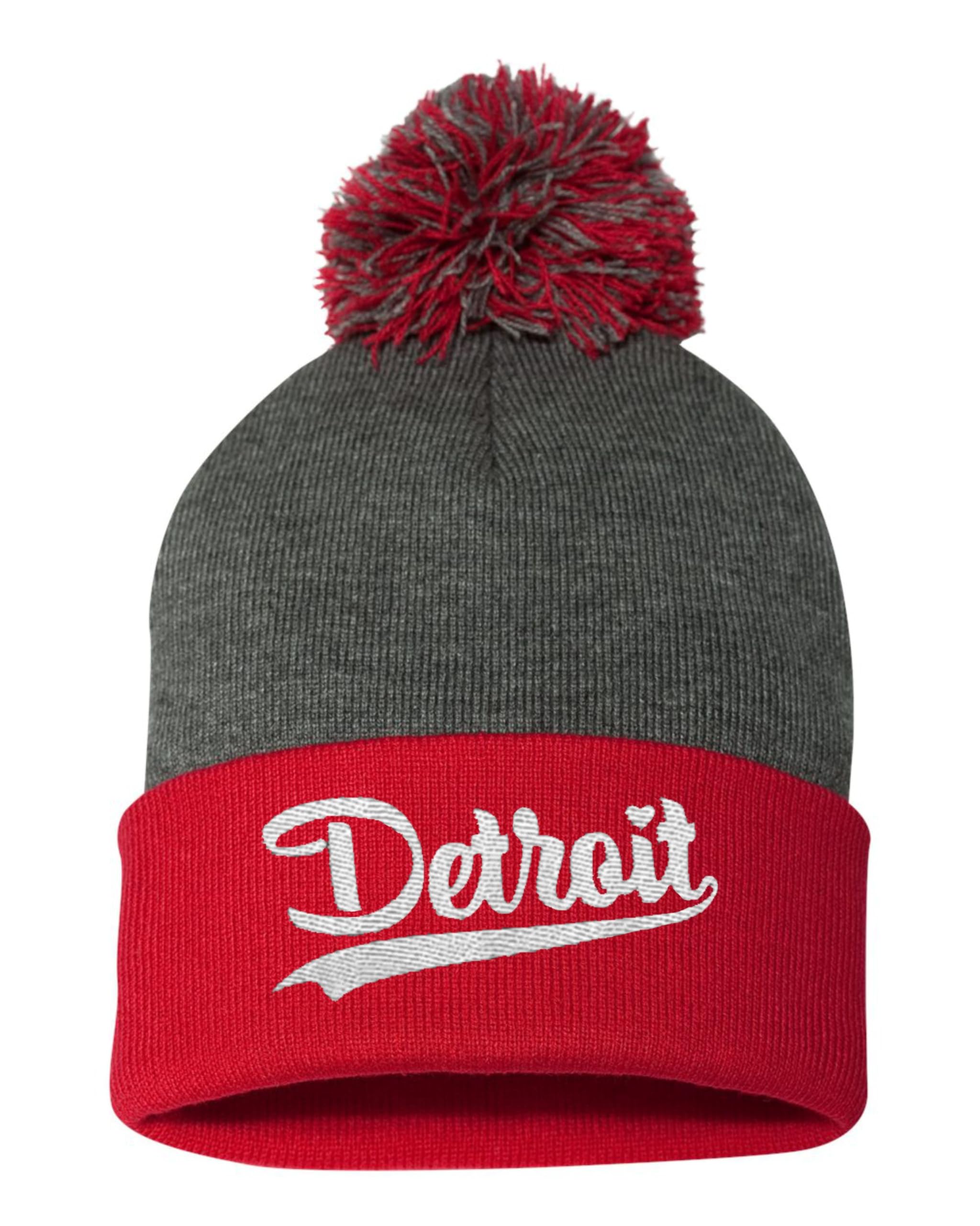 Go All Out One Size Dark Heather Grey/red Pom City of Detroit Michigan Pride Embroidered Knit Beanie Pom Cap