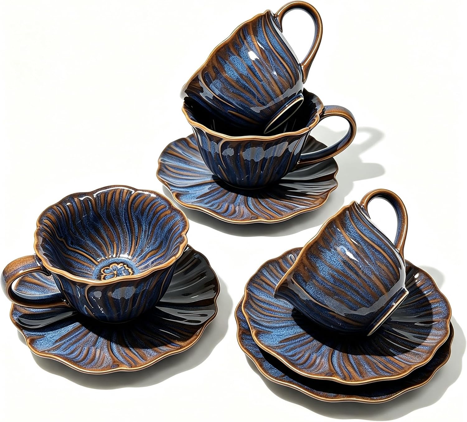 HVH Cappuccino Cups with Saucers Set of 4, 10 oz Reactive Glaze Ceramic Coffee Cup For Espresso, Latte, Cafe Mocha, Tea Cups and Saucer Set for Kitchen or Cafe, Corn Poppy Series (Reactive Darkblue)