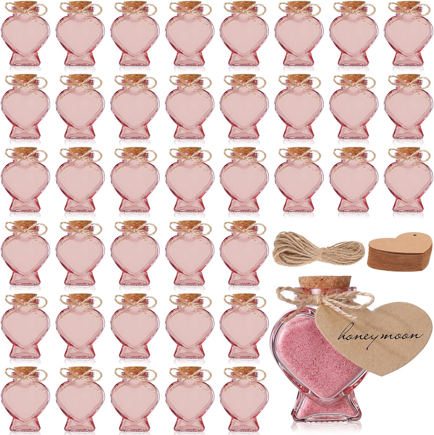 Zopeal 141 Pcs Heart Shaped Glass Jars, Honeymoon Sand Keepsake Jar with Cork Lids, Small Wish Bottles Bulk with Label Tags and String for Wedding Baby DIY Gift Shower Party Favor(Pink)
