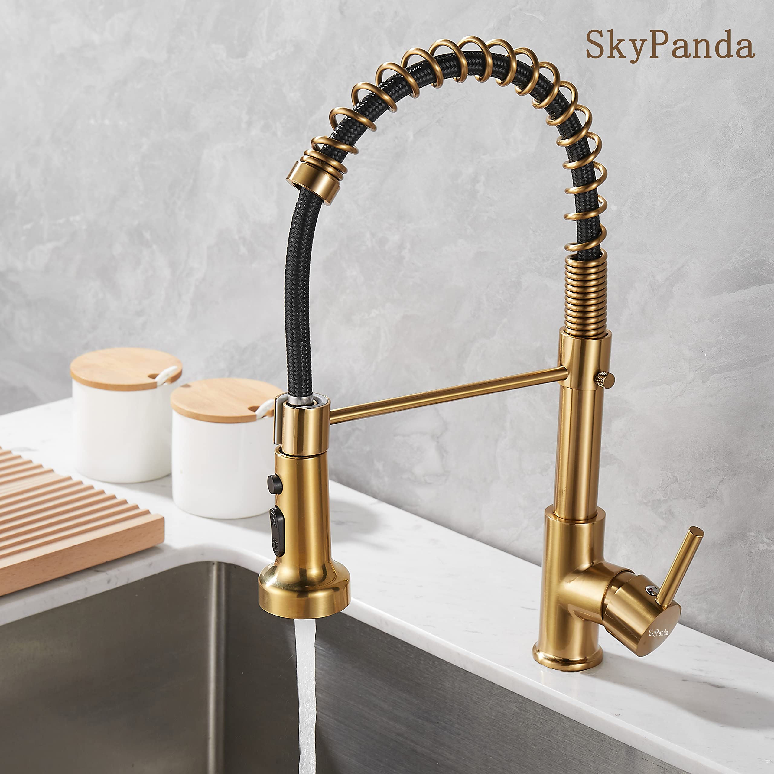 Grifo de cocina dorado con rociador extraíble giratorio 360° 3 modos 2 salidas