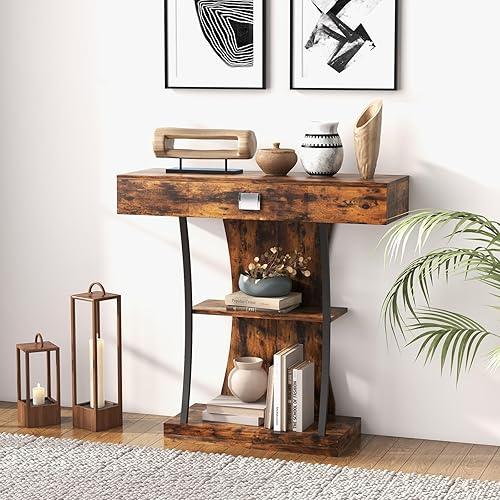 Miniatura 2 de KOTEK Mesa consola con cajón de almacenamiento y estantes, mesa de sofá estrecha de 3 niveles, mesa detrás del sofá, mesa de vestíbulo moderna, mesa