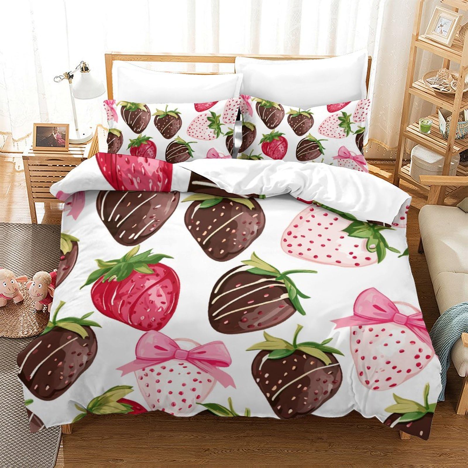 Housse de couette fraises 3D double 200x200 en microfibre avec deux taies d'oreiller