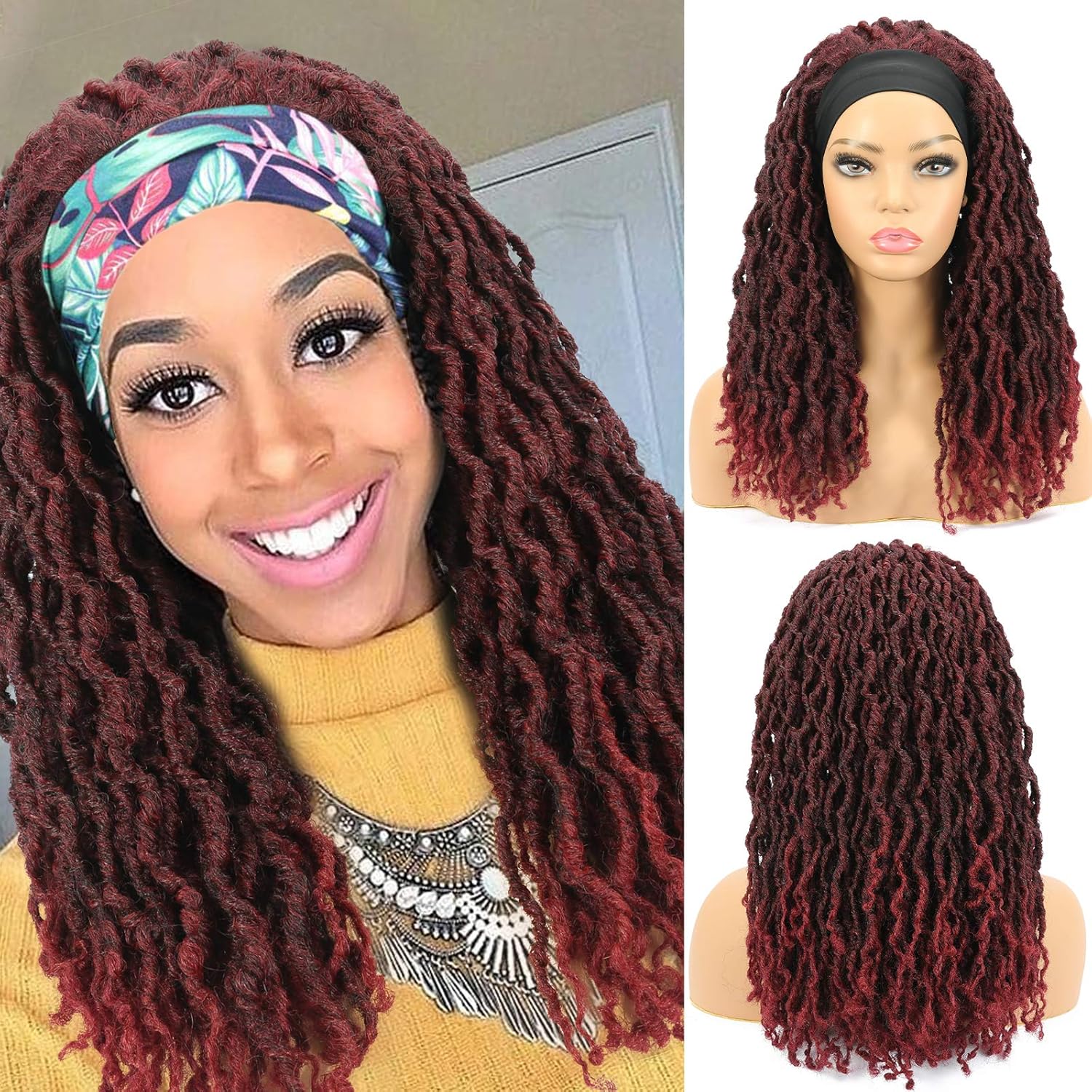 Fascia per capelli Nu Locs Parrucche intrecciate per donne nere Trecce Soft Locs Dreadloc Parrucca sintetica resistente al calore Fibra rossa Borgogna Colore 99j_voghion.com