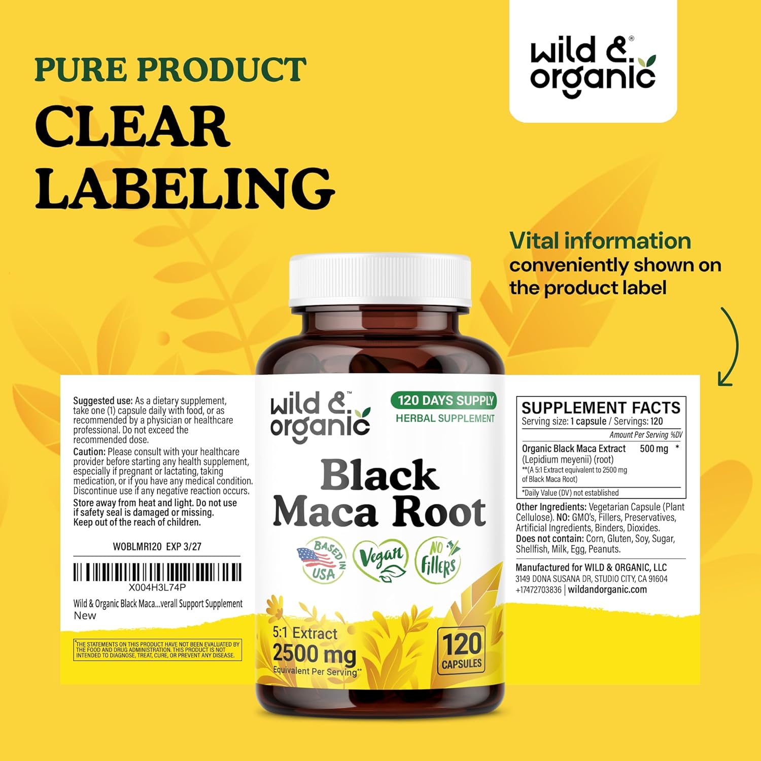 Wild & Organic Black Maca Root Capsules for Women & Men 500 mg - Overall Support - 120 Vegan Capsules with Maca Powder - Men & Women Supplement - 120 Days Supply, Non-GMO, No Fillers, Gluten-Free - Image 7