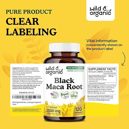 Miniatura 7 de Wild & Organic Cápsulas de raíz de maca negra para mujeres y hombres de 500 mg - Apoyo general - 120 cápsulas veganas con polvo de maca - Suplemento