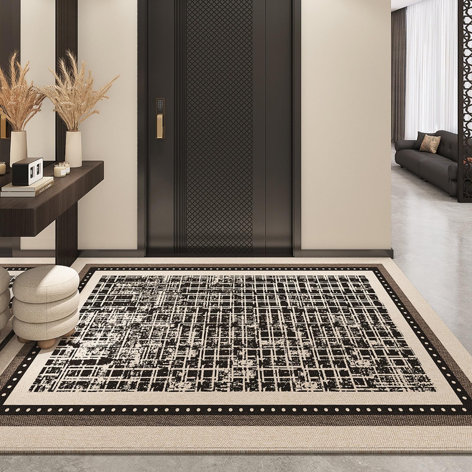 Felpudo Entrada Casa 90x150 Patrón De Rejilla Pequeña Negro Beige Felpudo Exterior Antideslizante Lavable Felpudos para Pasillo Cocina Puerta Jardín Decoración Alfombrilla para Entrada