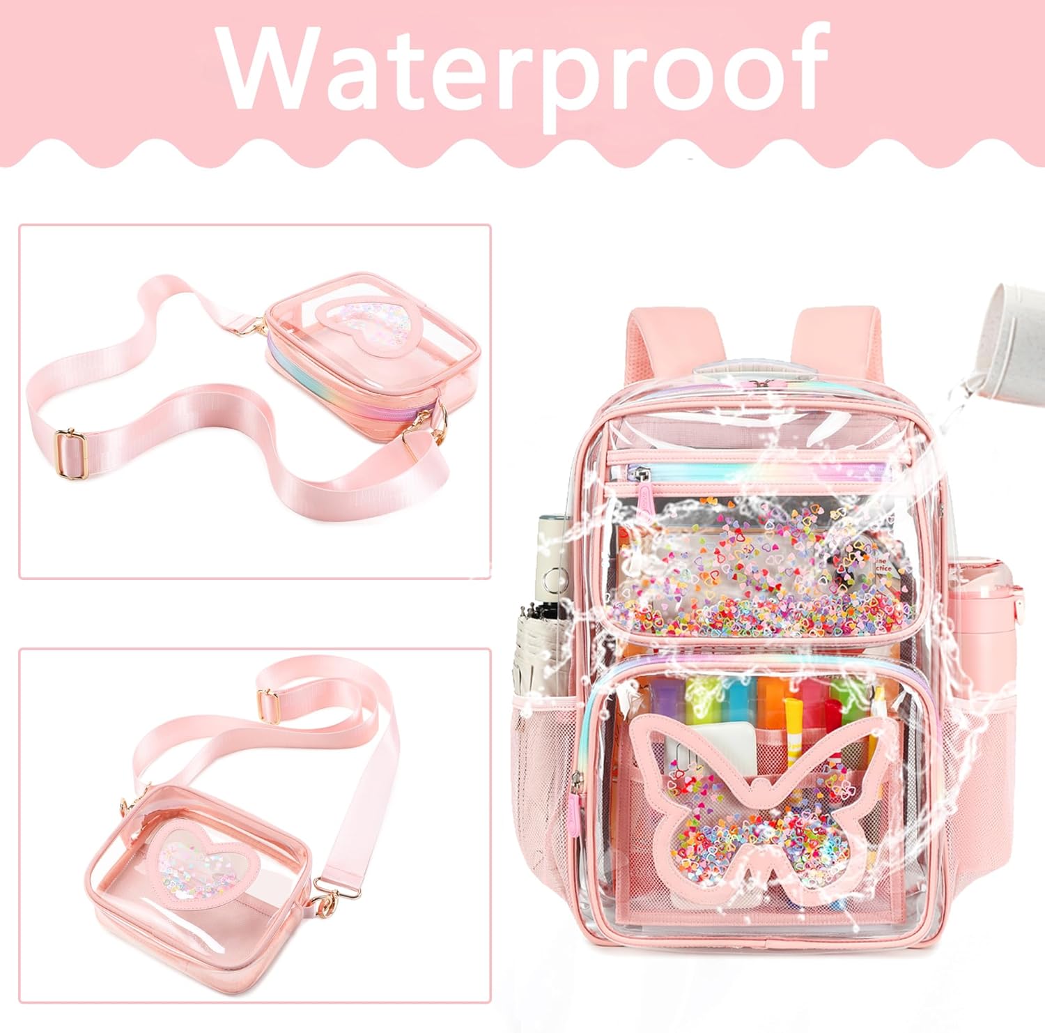 Clear Backpack for Girls,Transparent Backpacks Crossbody Bag for Kids Heavy Duty See Through School Bag Clear Bookbag (Pink1, Large) - Image 5