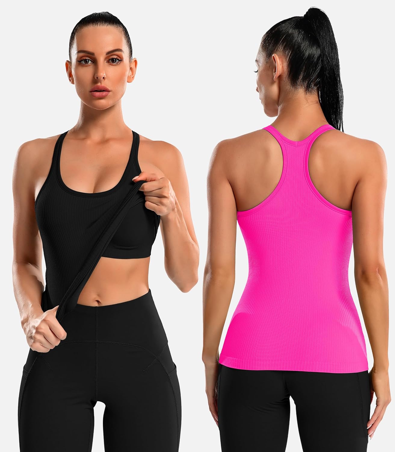 ATTRACO 2 Pack Ribbed Workout Tank Top with Built in Bra for Women Tight Fit Seamless Yoga Top - Image 2