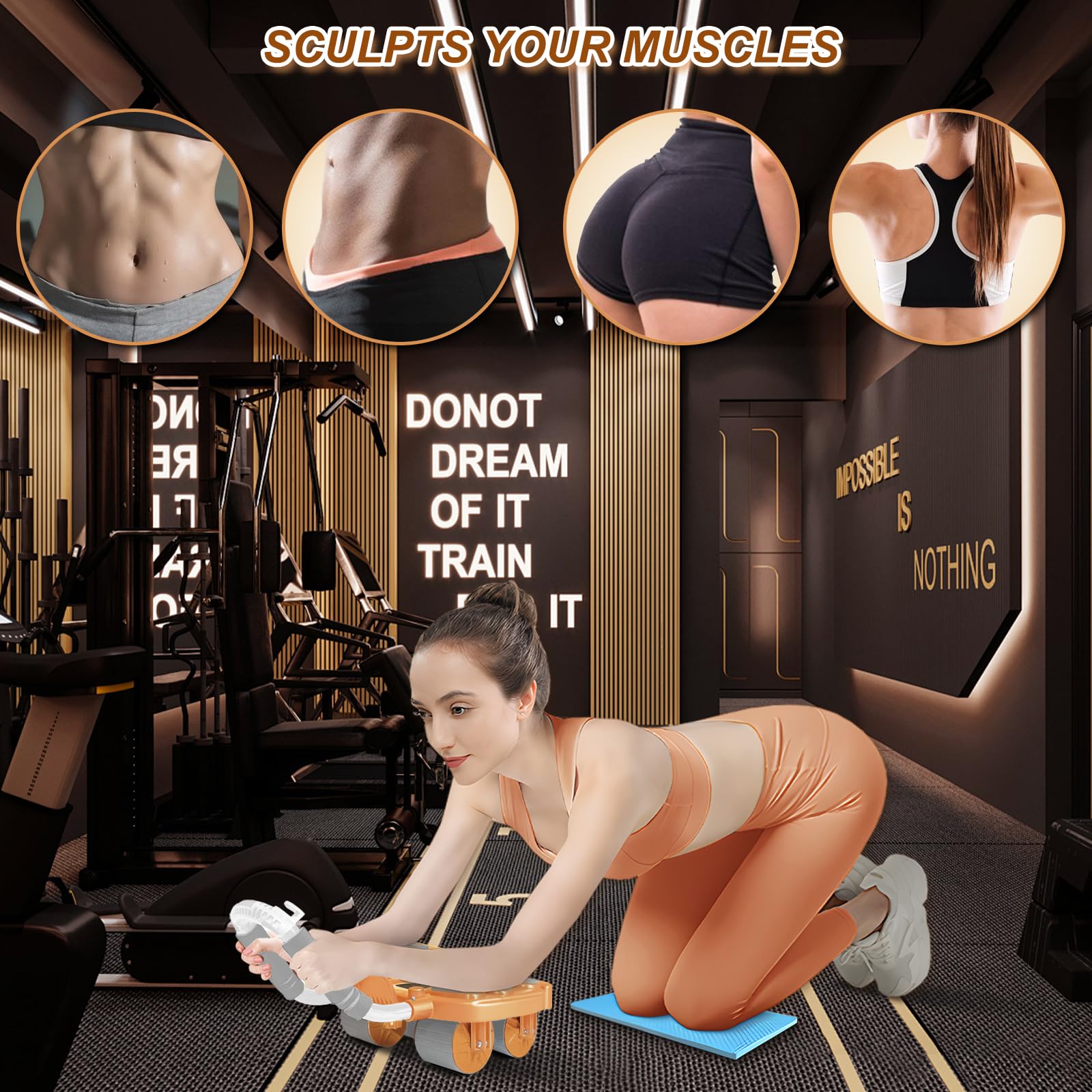 Ruota per addominali,ruota per allenamento addominali,con 6 Supporto per Gomito & Ginocchiere, Doppie Ruote a Rulli per Core Trainer,Kit per allenamento addominale per uomini e donne,Arancione