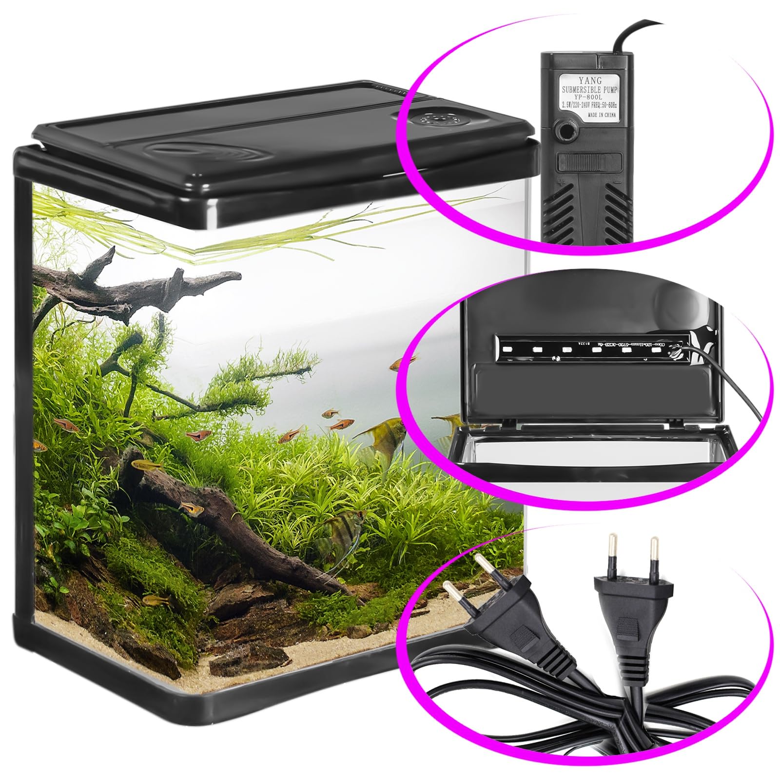 Arona – Elegante Juego de Acuario de 3 litros en Negro – Juego Completo con Filtro, iluminación LED y Cubierta – Ideal para Principiantes, Oficina y hogar