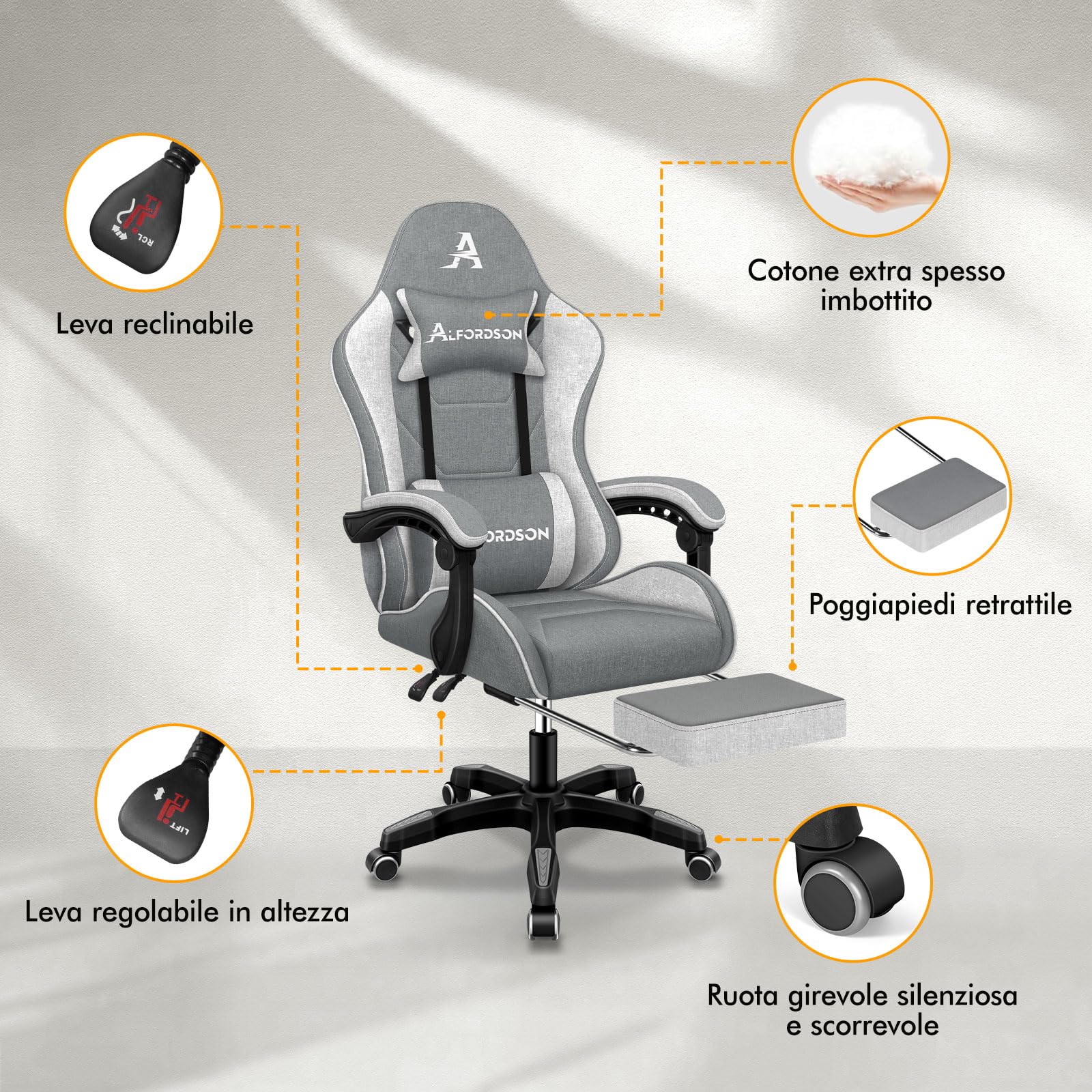 ALFORDSON Sedia Gaming Massaggiante con Poggiapiedi da Case Grigia splicing | Poltrona Gamer in Tessuto Serie THOR, Schienale regolabile, con supporto lombare e poggiatesta, portata 180 kg