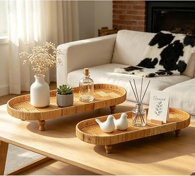 SOFE Set of 2 Long Woven Oval Trays with Footed Legs, Large Decorative Tray