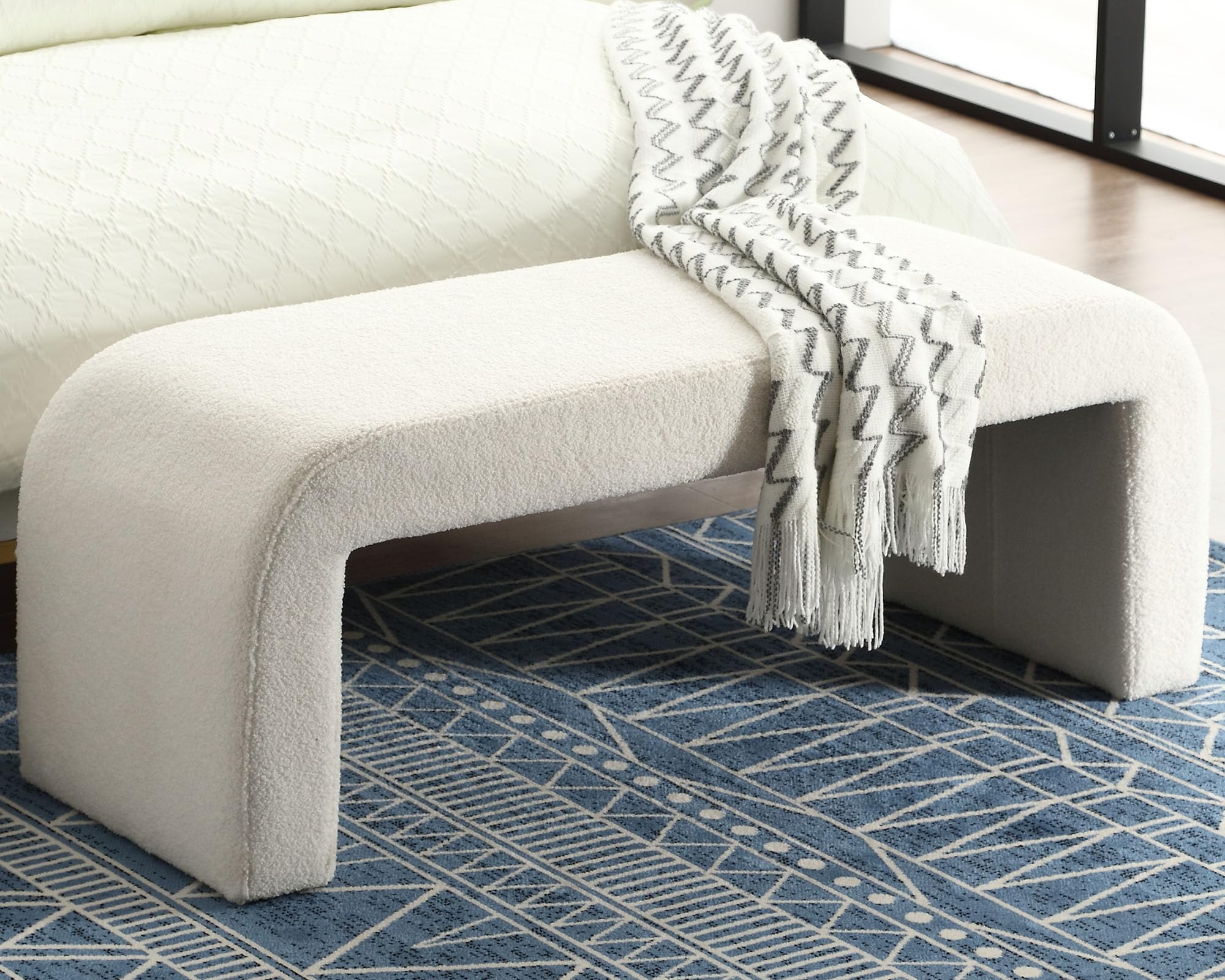 VESCASA 49.5" W Sherpa Bench for Hallway, Upholstered Boucle End of Bed Bench Ottoman for Entryway, Bedroom, White, 1PK