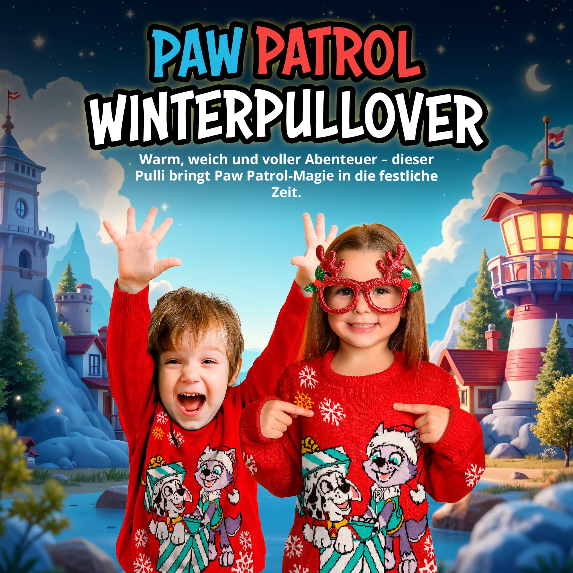 Jersey de Navidad Patrulla Canina Marshall Everest Niño Suéter Ugly Christmas Rojo