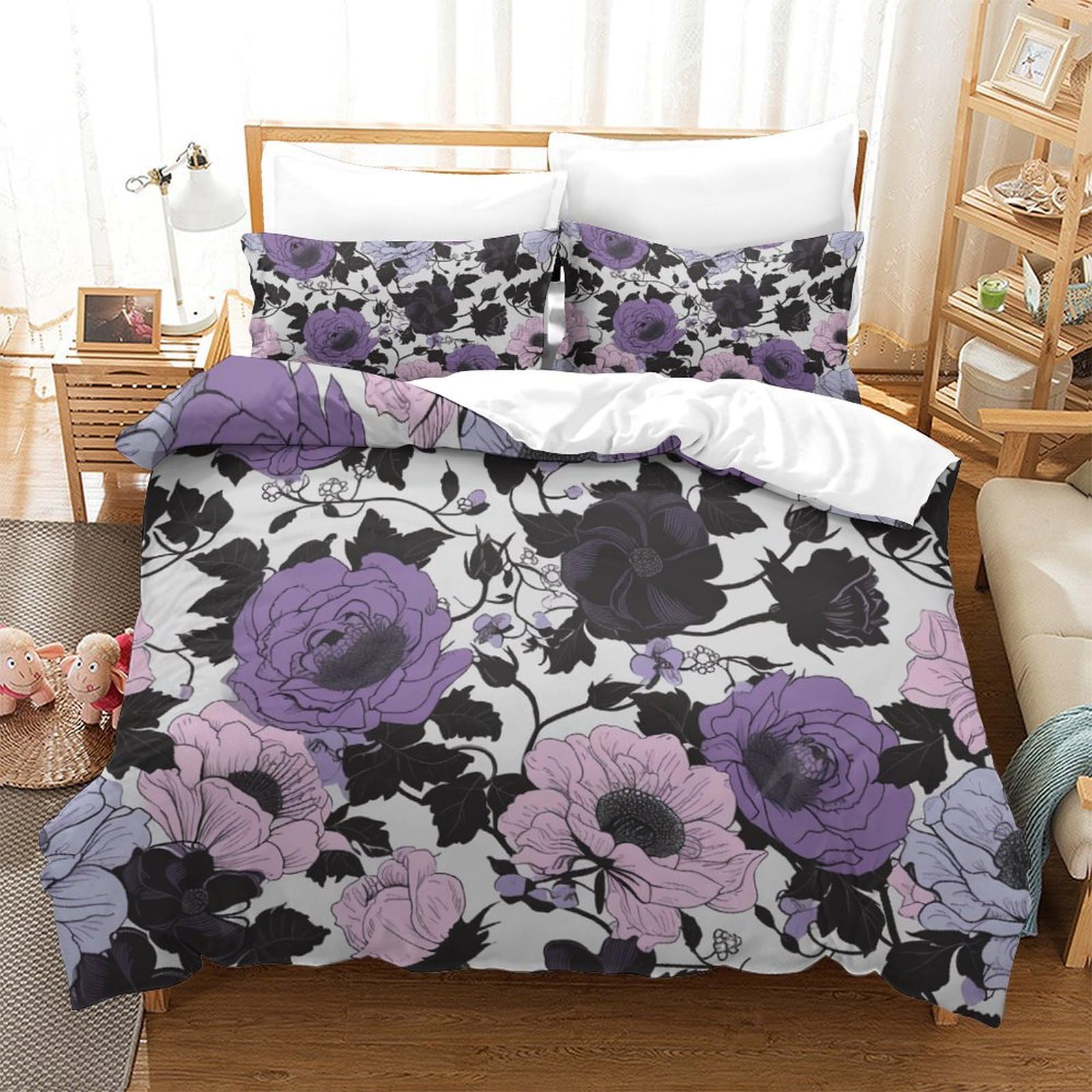 Parure de couette roses 3D 260x220 cm housse microfibre respirante avec taies pour lit double