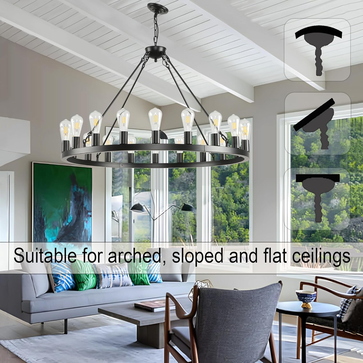 40 inch Black Wagon Wheel Chandelier 20-Light Farmhouse Round Wheel Chandeliers Hanging Light Fixture Outdoor Wagon Wheel Chandelier for Porch for High Ceilings Dining Room