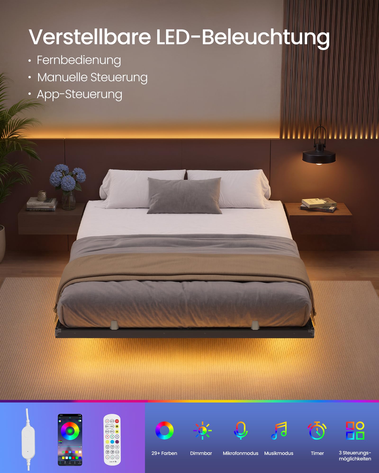 VASAGLE Bettgestell 140 x 200 cm, schwebender Effekt, LED-Beleuchtung, abnehmbare Steckdosenleiste, 2 AC-Steckdosen, 1 USB-C-Anschluss, 2 USB-A-Anschlüsse, trägt bis 500 kg, tintenschwarz RMB174B101