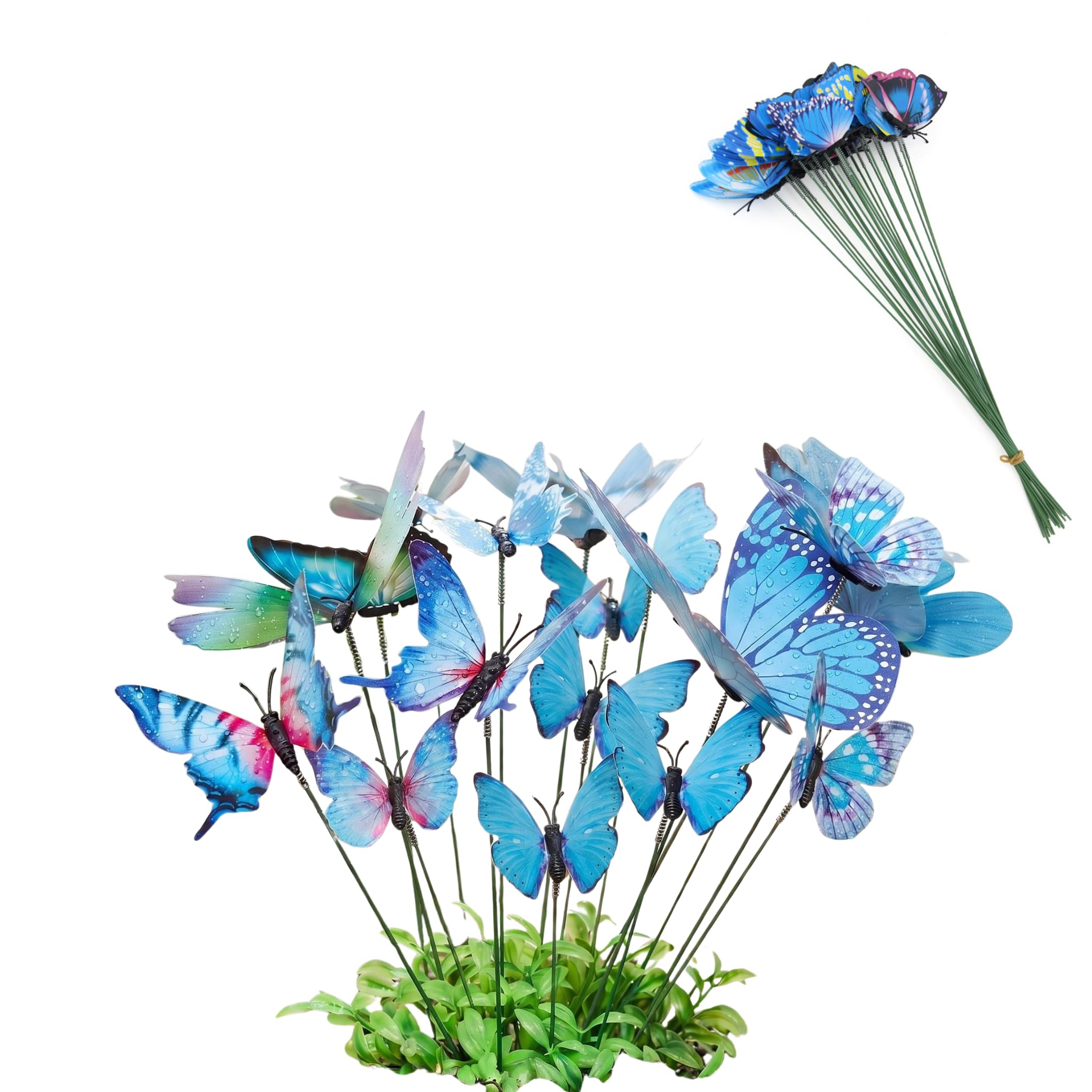 20Pcs Blue Butterfly Garden Stakes Plastic Butterfly Stakes Outdoor Garden Ornaments on Sticks Butterflys Decorations for Flower Pots, Plant Decor, Patio, Lawn, Yard Fairy Garden Accessories