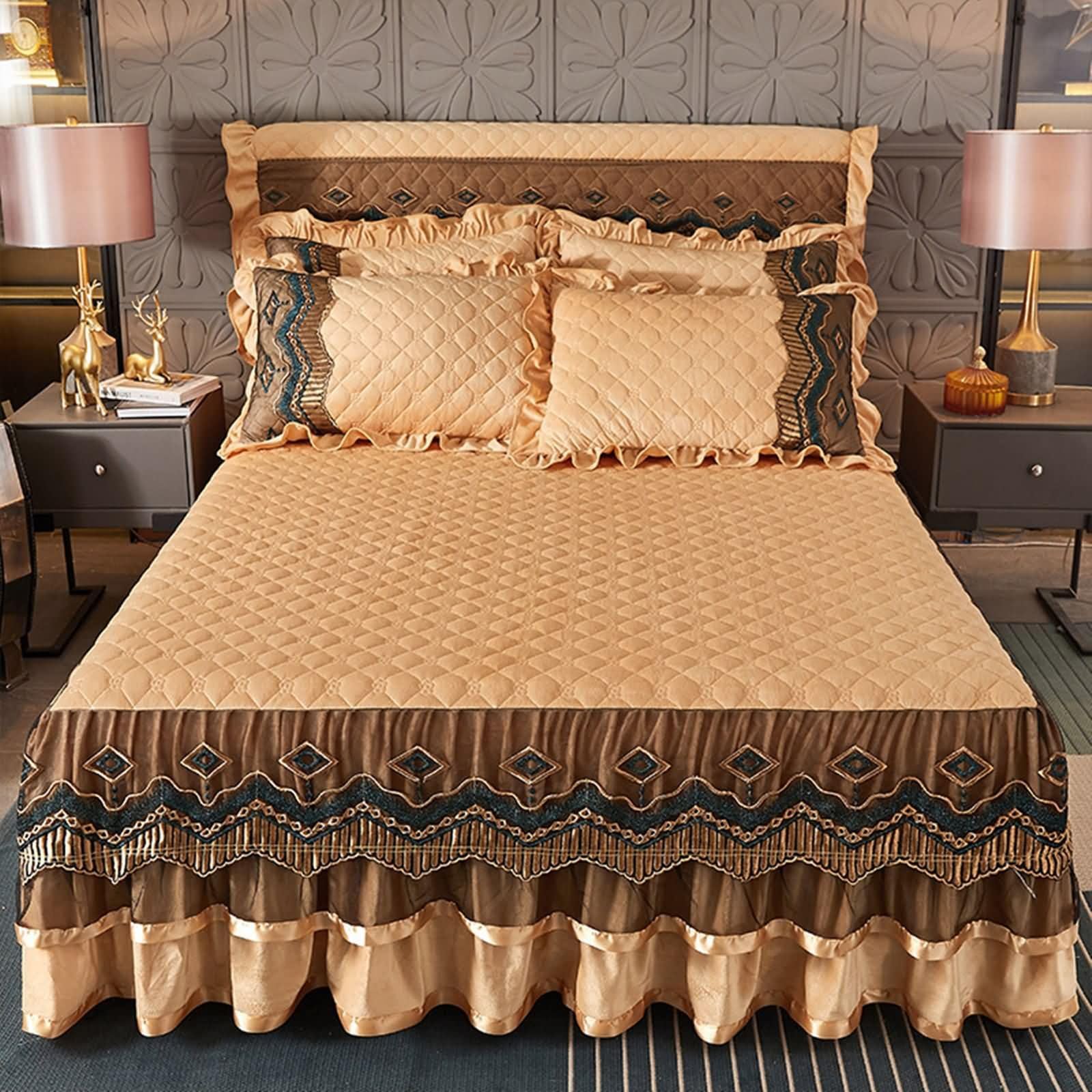 Drap-housse velours brodé haut de gamme et ses taies d'oreiller assorties pour literie de luxe