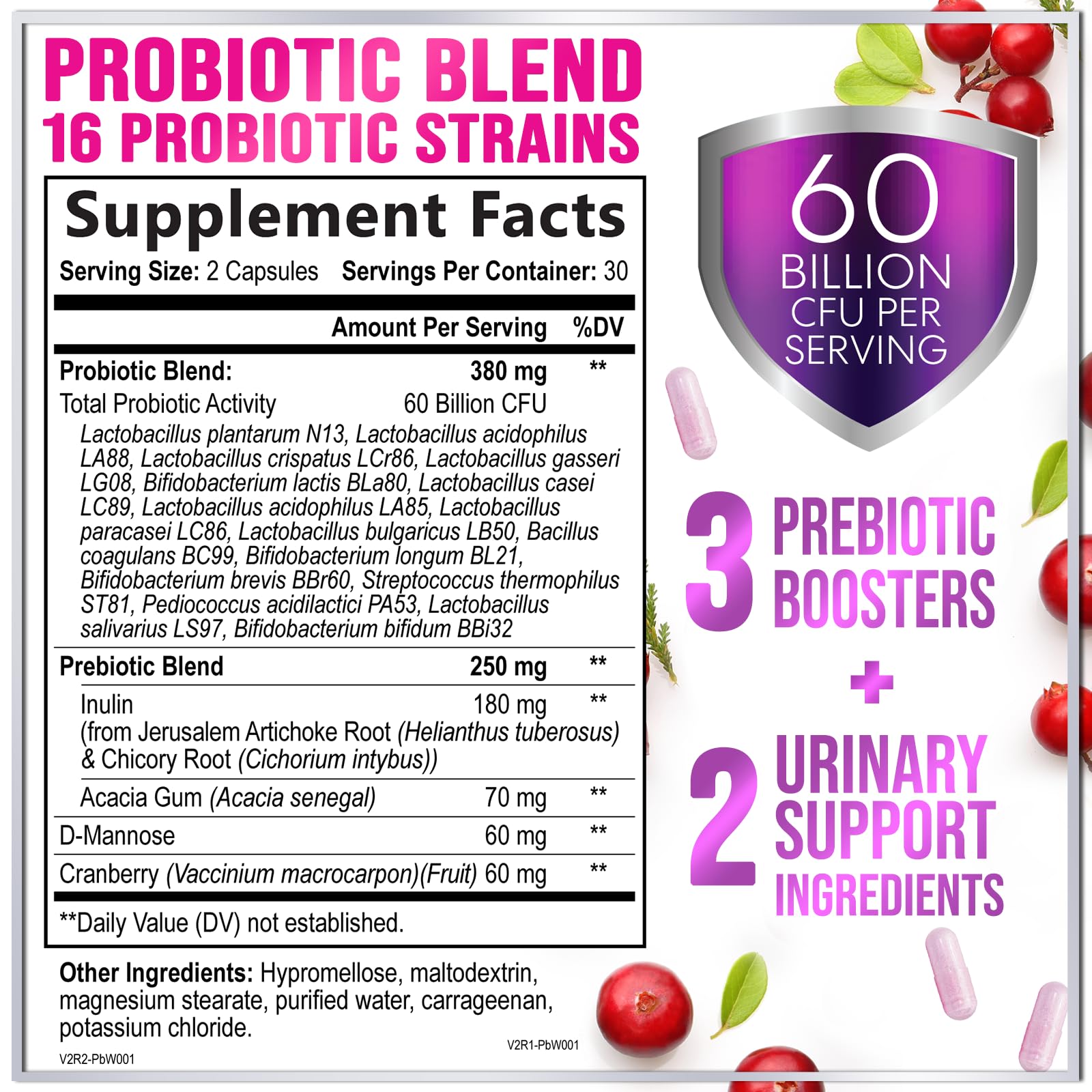 Probiotics for Women 60 Billion CFU, 16 Strains for pH Balance, Vaginal & Digestive Support, Womens Probiotic and Prebiotic + Cranberry for Gut, Urinary & Immune Support, Shelf Stable - 60 Capsules