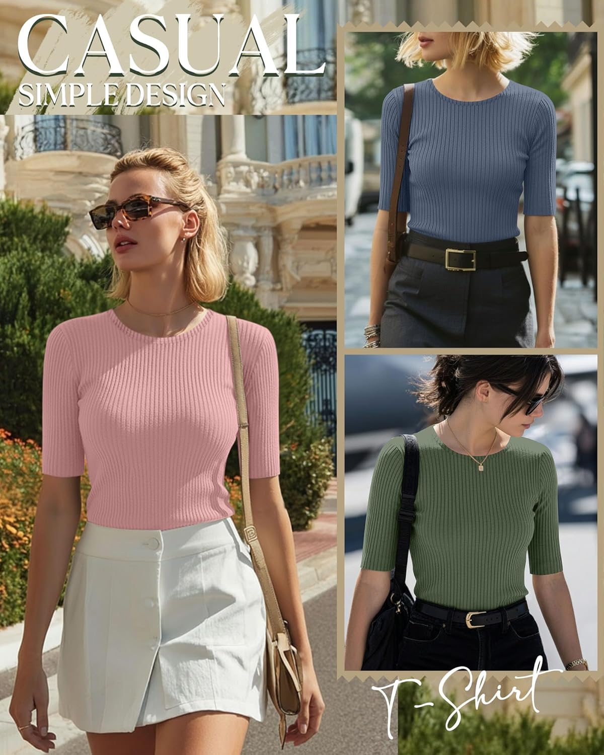 Riyiper 3 Pack Women's Half Sleeve Tops, Elbow Length Ribbed Cotton T Shirt Crew Neck Summer Tee Slim Fit Casual Blouses - Image 5