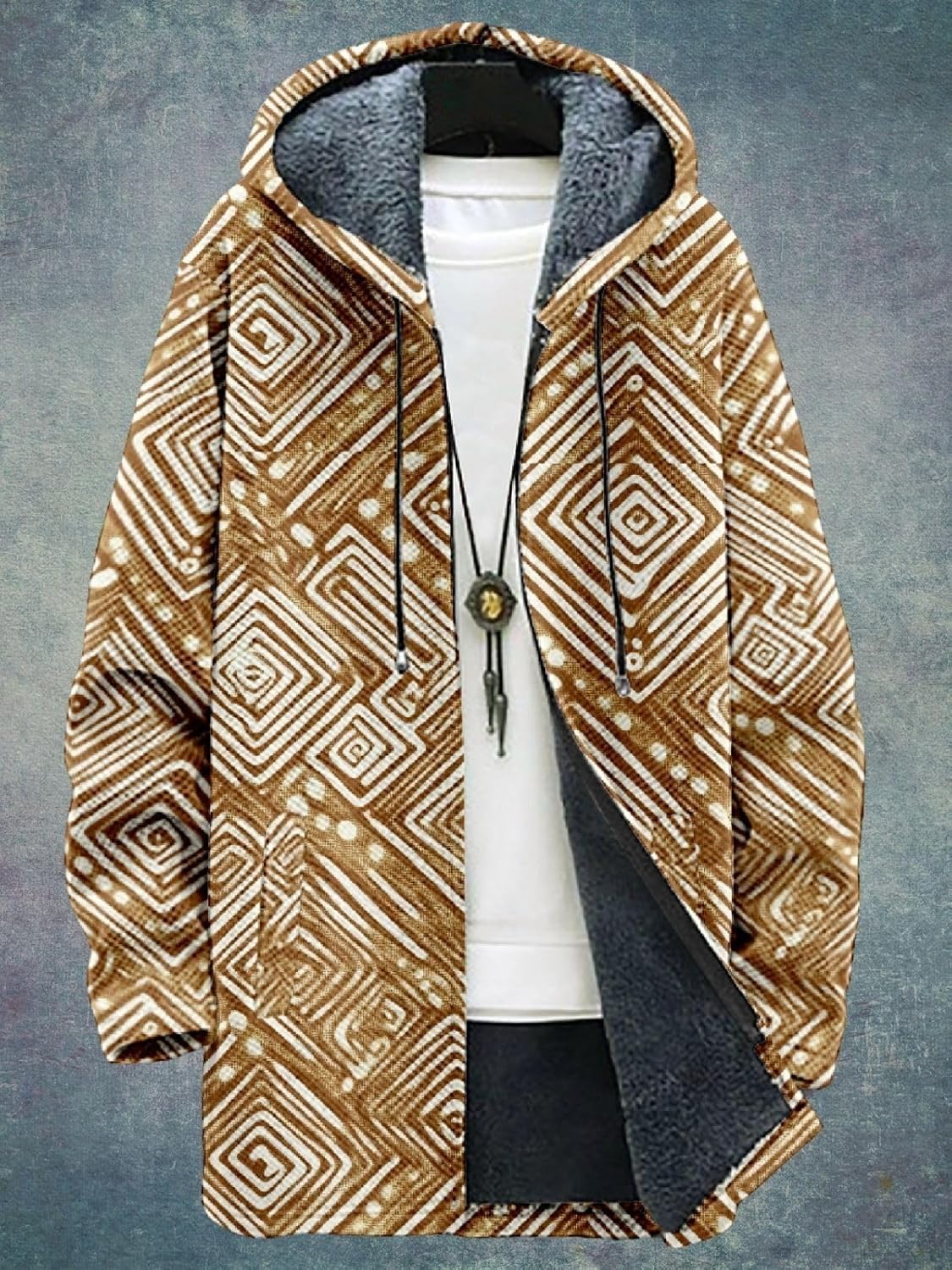 2025 Men's Ethnic Pattern Hooded Jacket Long Cardigan Hoodies Full Zip Vintage Knitted Zipper Coat with Pocket - Image 5