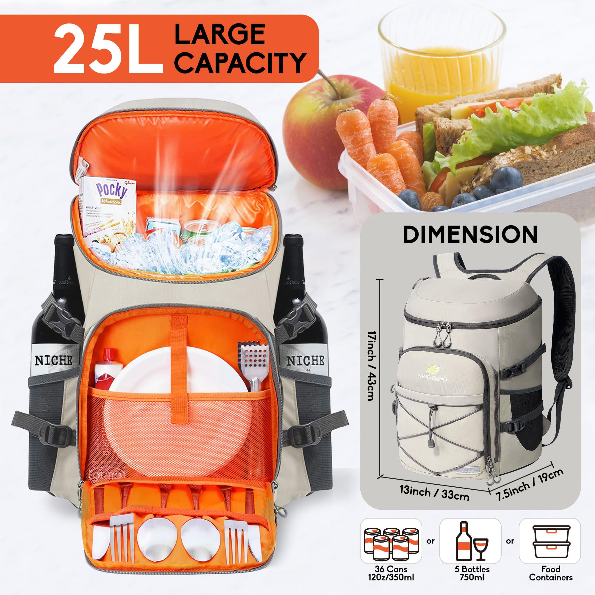 Enfriador de mochila, 36 latas, gris claro, nailon, aislado, impermeable, a prueba de fugas, gran capacidad, múltiples bolsillos, 1.85 libras 4