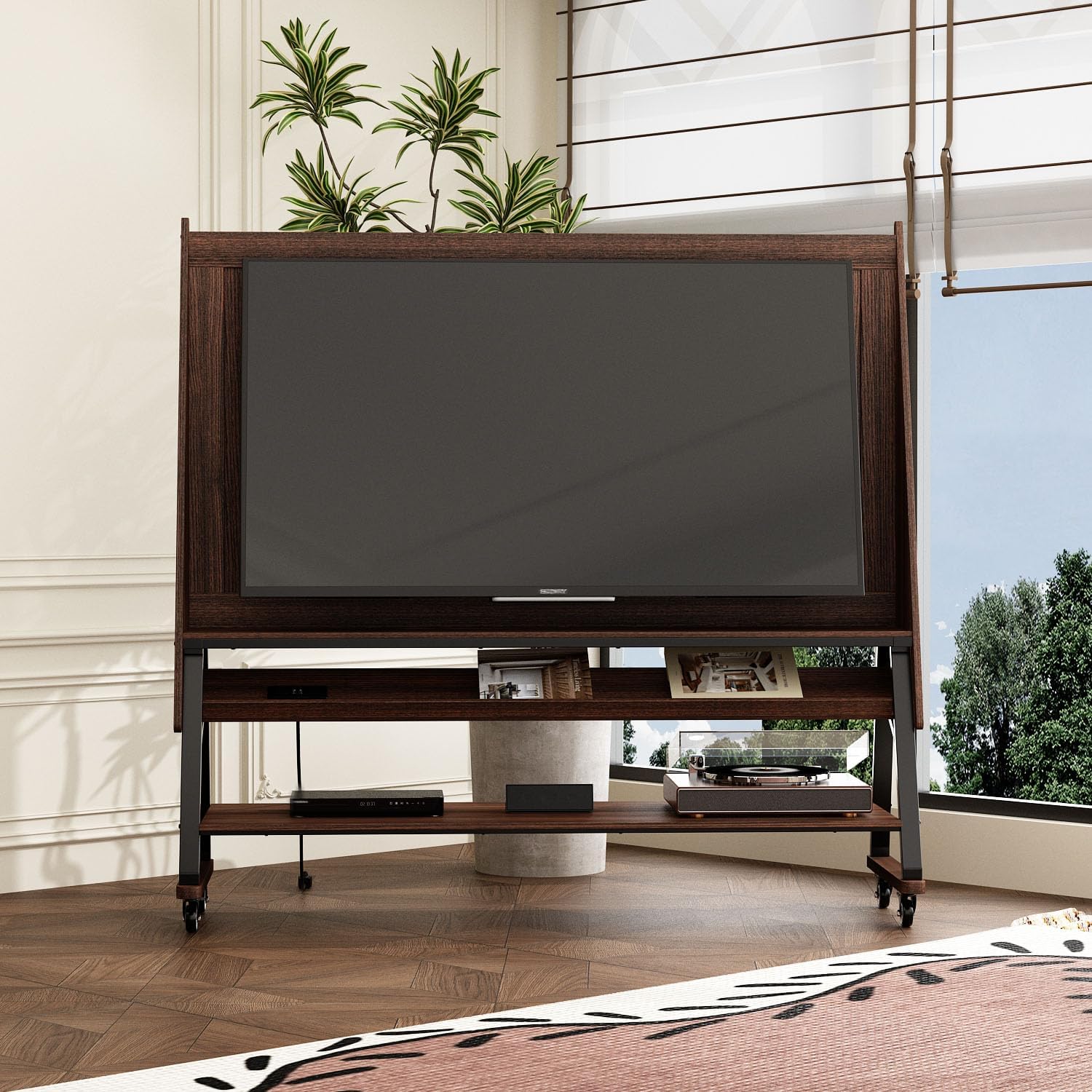 Rolling TV Stand, Mid Century Modern Portable Mobile TV Stand on Wheels with Sockets, Iron TV Hanger and 2 Shelves for Living Room, Bedroom, Brown(18.5" D x 60.2" W x 58.4" H)
