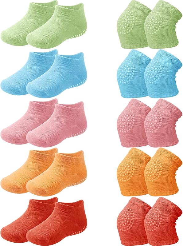 10 Pairs Baby Crawling Anti Slip Knee Pads and Anti Slip Baby Socks Set Unisex Toddler Knee Protectors Non Slip Ankle Socks
