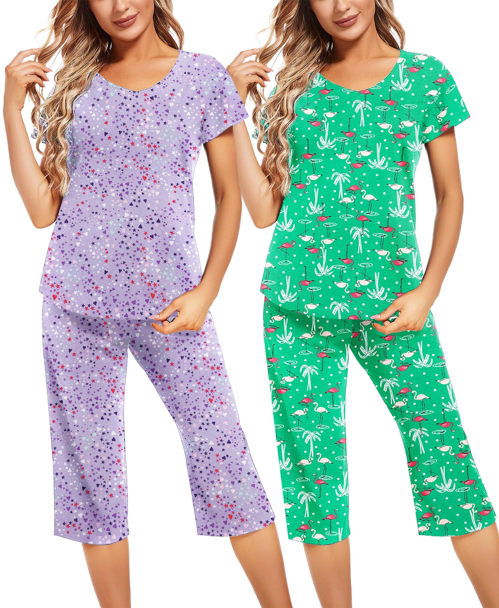 ENJOYNIGHT 2 Pack Womens Pajama Sets Cotton Short Sleeve Top with Capri Pants Summer Pjs Sleepwear