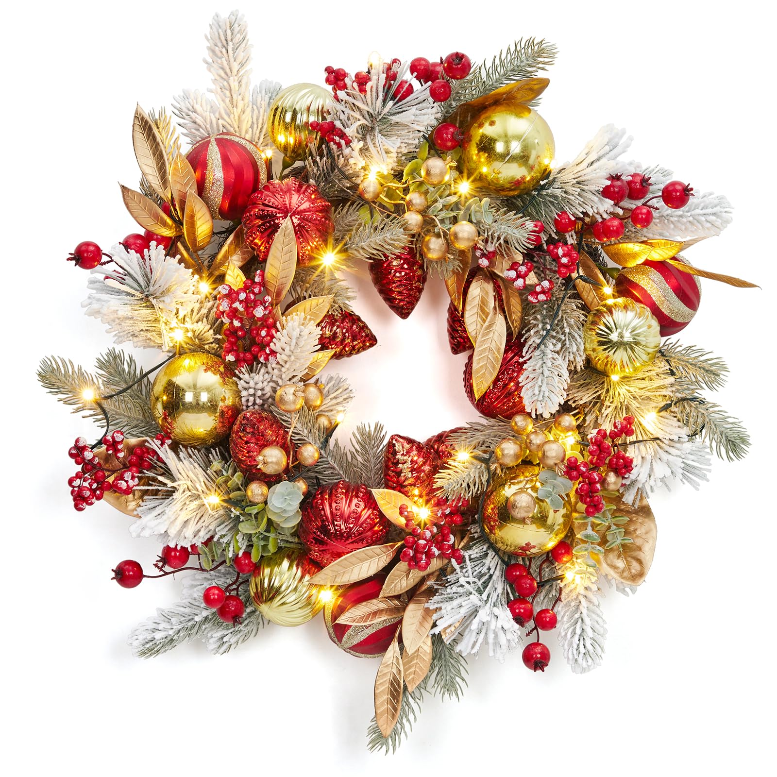 Adeeing Christmas Wreath with Lights, 24 in Outdoor Christmas Wreaths for Front Door, Battery Operated Xmas Wreath with 20 LED Lights, Red Gold Ornaments, Snow Flocked Branch