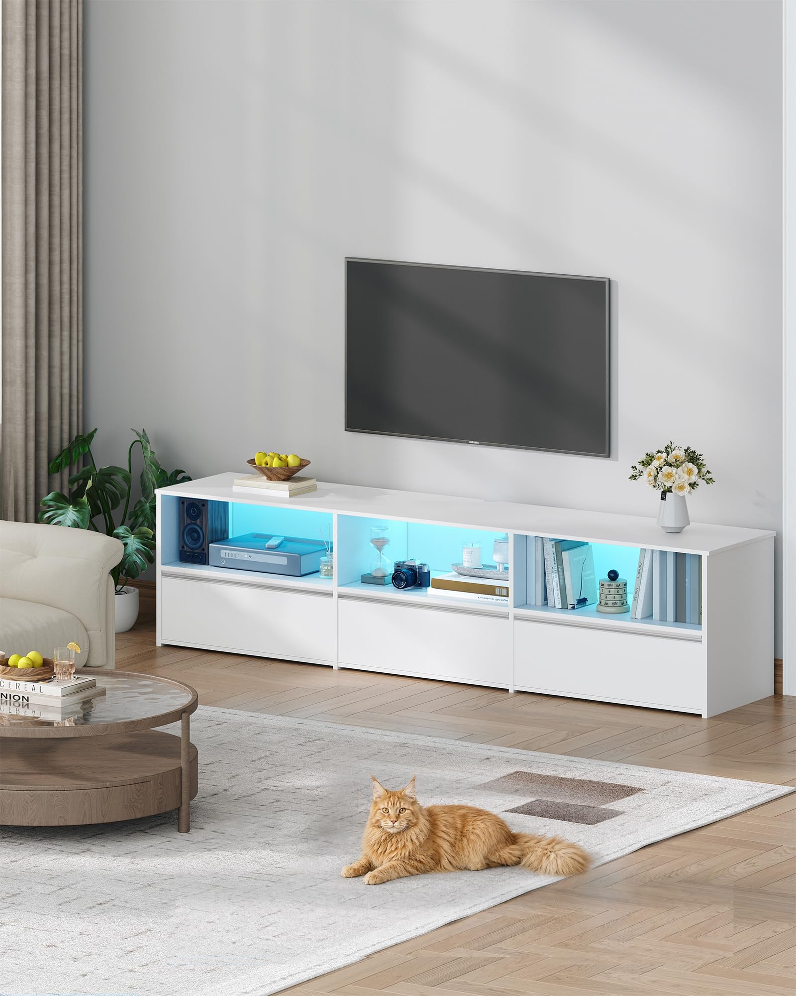 Hzuaneri Meuble TV avec LED RGB, Blanc, 180 cm de Long Banc TV | Adapté aux TV de 80 Pouces et Moins, Doté de 3 Tiroirs et d'un Range Ouvert, Idéal pour le Salon, la Chambre, TV18703WEU