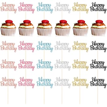 Happy Birthday Cupcake Toppers Glitter Cupcake Muffin Decoration Pack of 24 6 Colours Birthday Cake Decoration Happy Birthday Cake Decoration Cake Decoration for Party Girls Children