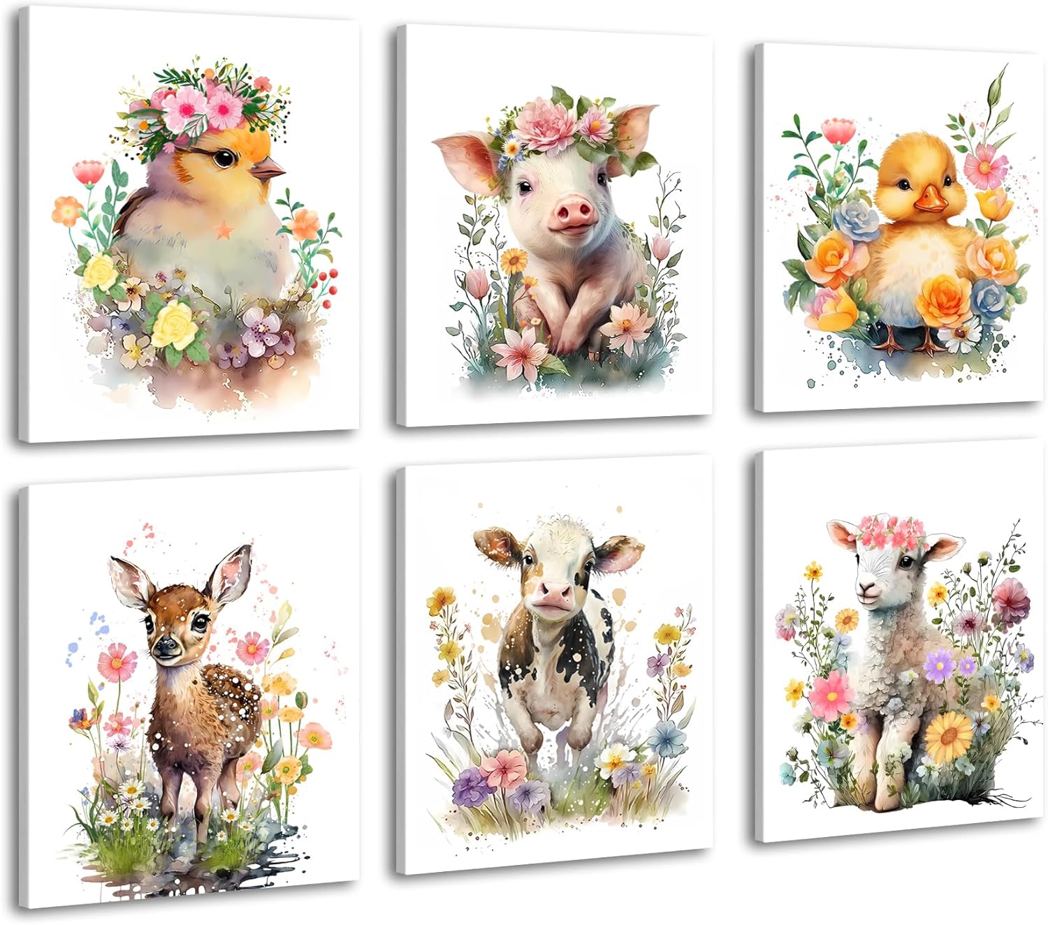 Framed Baby Watercolor Farm Animals Nursery Wall Art Prints,Cute Baby Animal Nursery Farm Wall Art,Farmhouse Animals Themed Poster for Farmhouse Room Decor,Set of 6(8"X10")