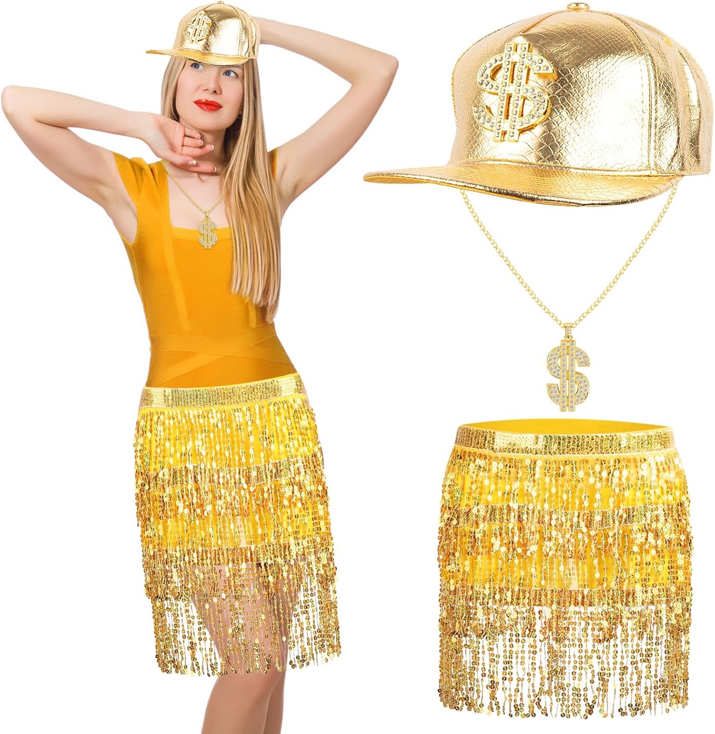 Halloween Gold Digger Costume Gold Rapper Hat Golden Sequin Skirt Necklace for Adults Outfit Halloween Cosplay