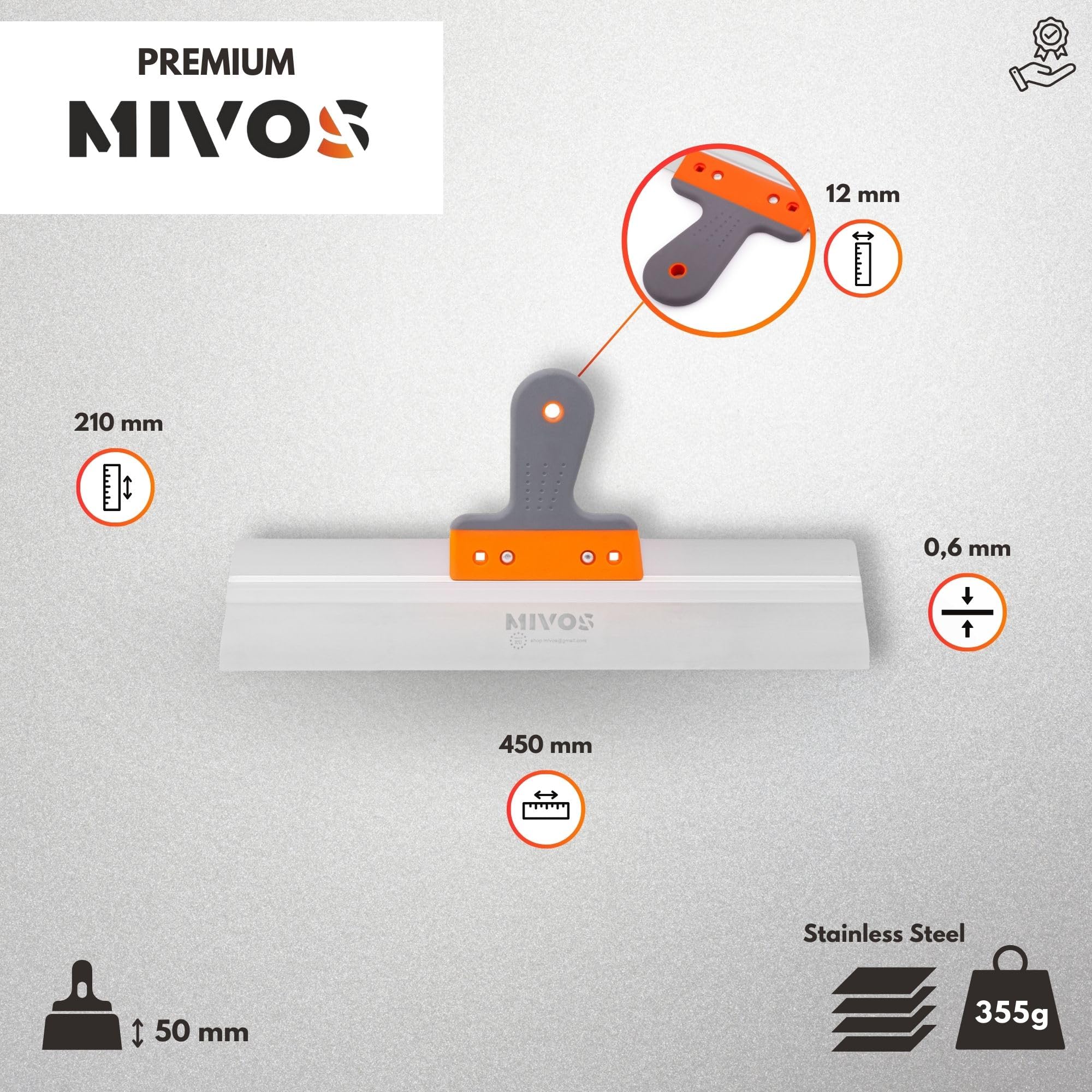 Mivos Szpachla fasadowa ze stali nierdzewnej 450 x 60 mm - Szpachelka elewacyjna do dużych powierzchni - Nóż do gładzi 450 mm z z miękkim uchwytem - Szpachelka do wygładzania wyprodukowana w UE