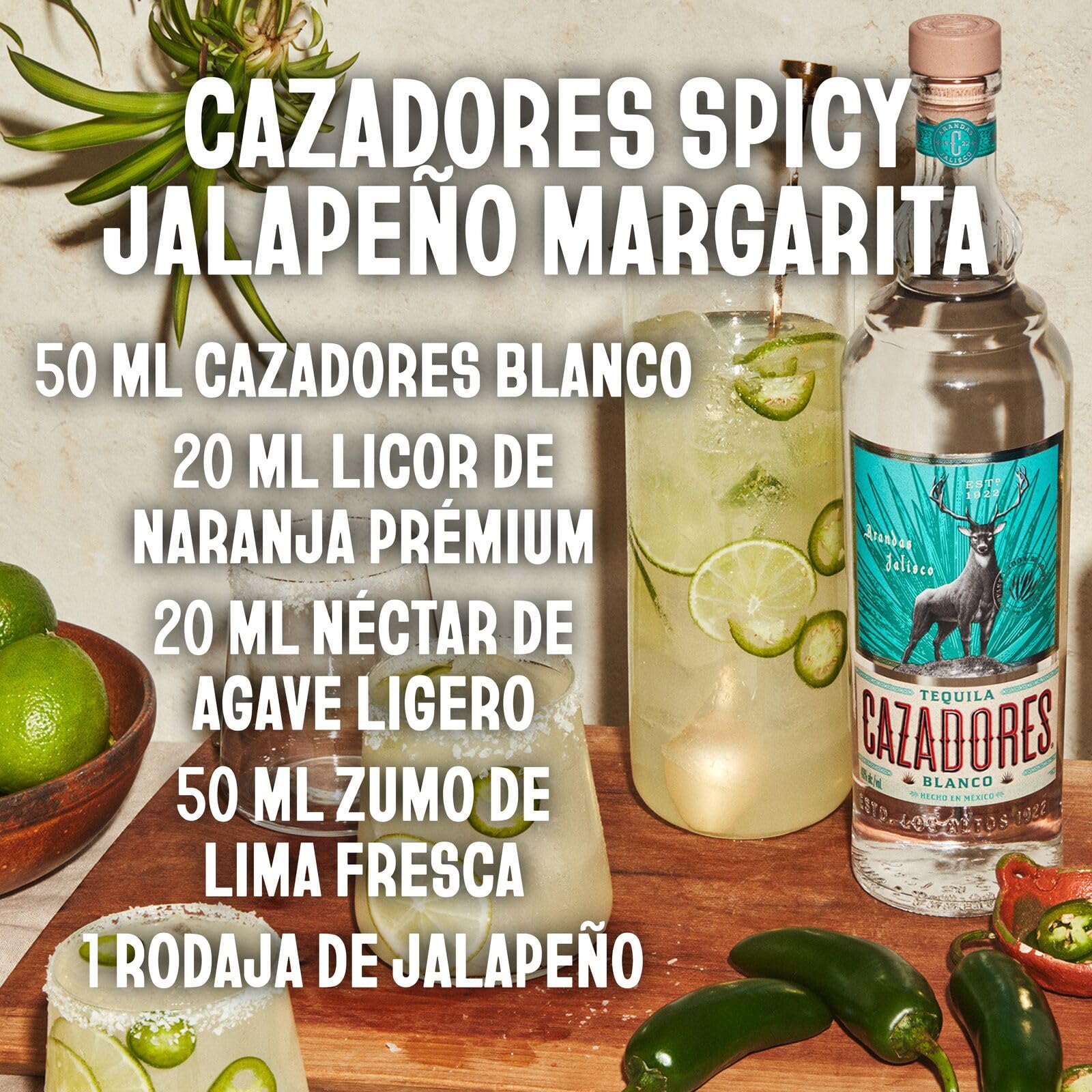CAZADORES Tequila Blanco, 40% vol., 70 cl / 700 ml, Alcohol Doblemente Destilado Elaborado con 100% Agave Azul Weber