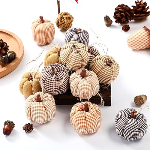 Miniatura 2 de 12 piezas de decoración de otoño de Acción de Gracias, tela a cuadros, bellotas y calabaza, adornos colgantes de bandeja de otoño, decoración de