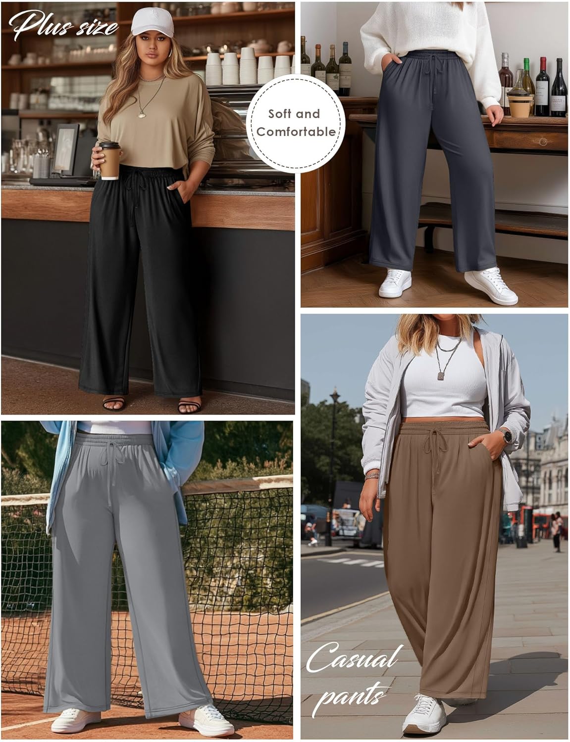 4 Pack Women's Plus Size Pants Wide Leg Yoga Pants Elastic Waist Drawstring Sweatpants Pocket Lounge Casual Jogger - Image 4