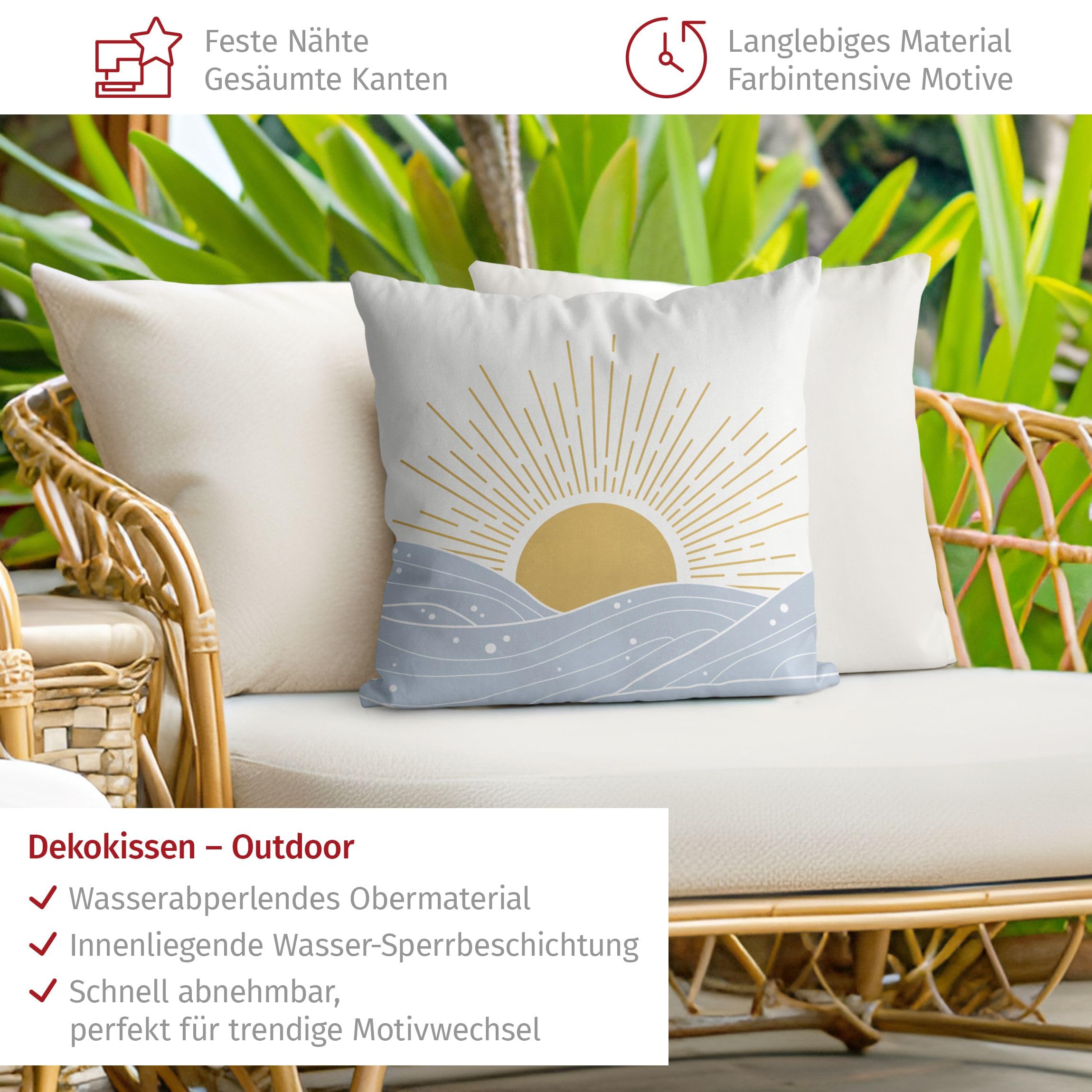 Dekokissen draußen/Outdoor waschbar Strand mit Füllung Zierkissen - Made in Germany - Sonnenuntergang Bezug blau Sofakissen Illustration Outdoor Sofa Bett 1169