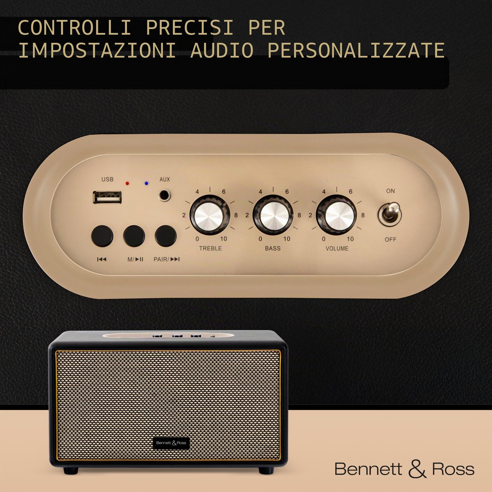 Bennett & Ross BB-860BK Blackmore altoparlante bluetooth retrò in pelle - Altoparlante vintage da 2x 30 W - Speaker ingresso USB con lettore MP3 - Jack da 3,5 mm e ingresso Aux - Cassa nero