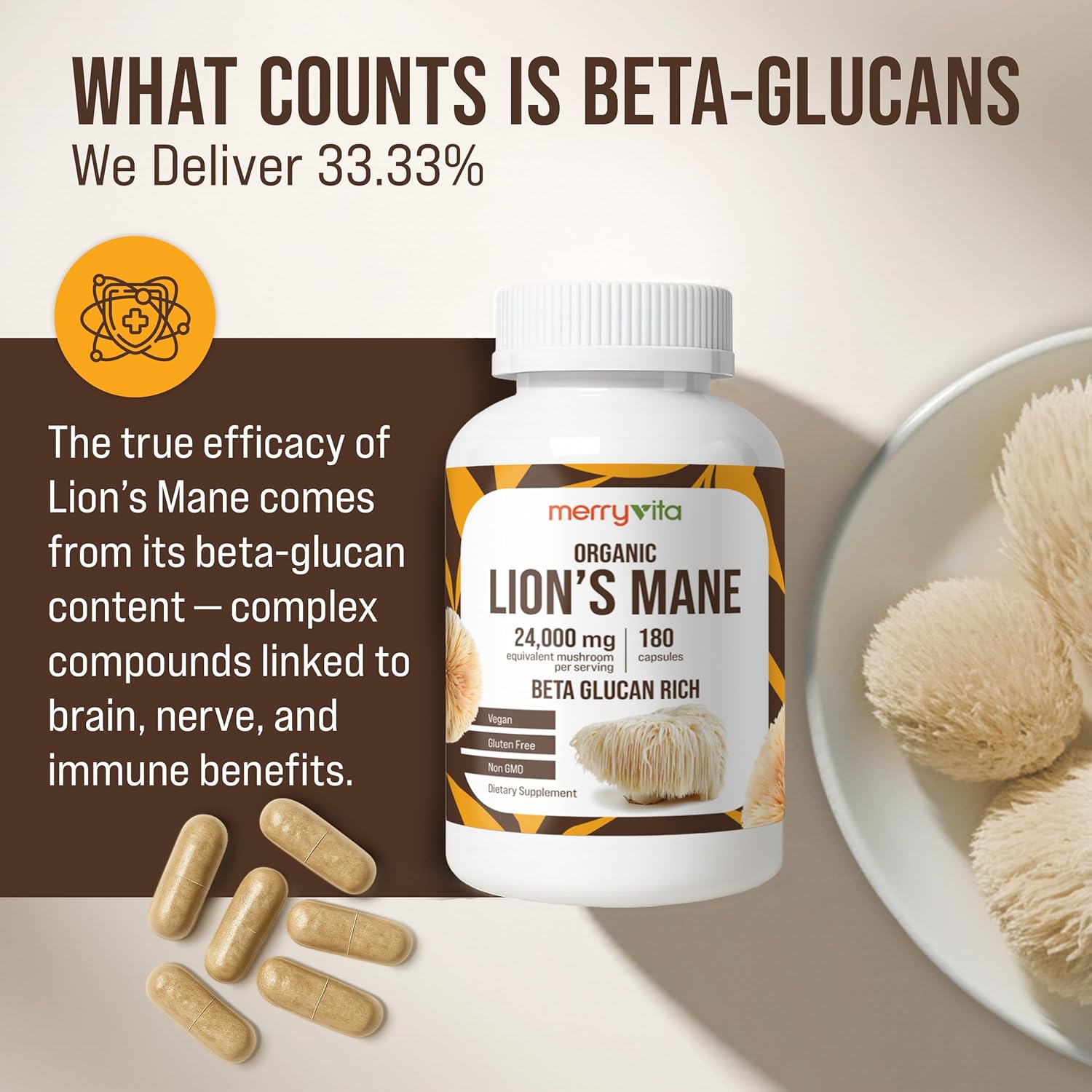 MERRY VITA Lion’s Mane Supplement Capsules – Mushroom Supplement for Immune Brain, Memory & Focus - Non GMO, Vegan Friendly - 180 Capsules