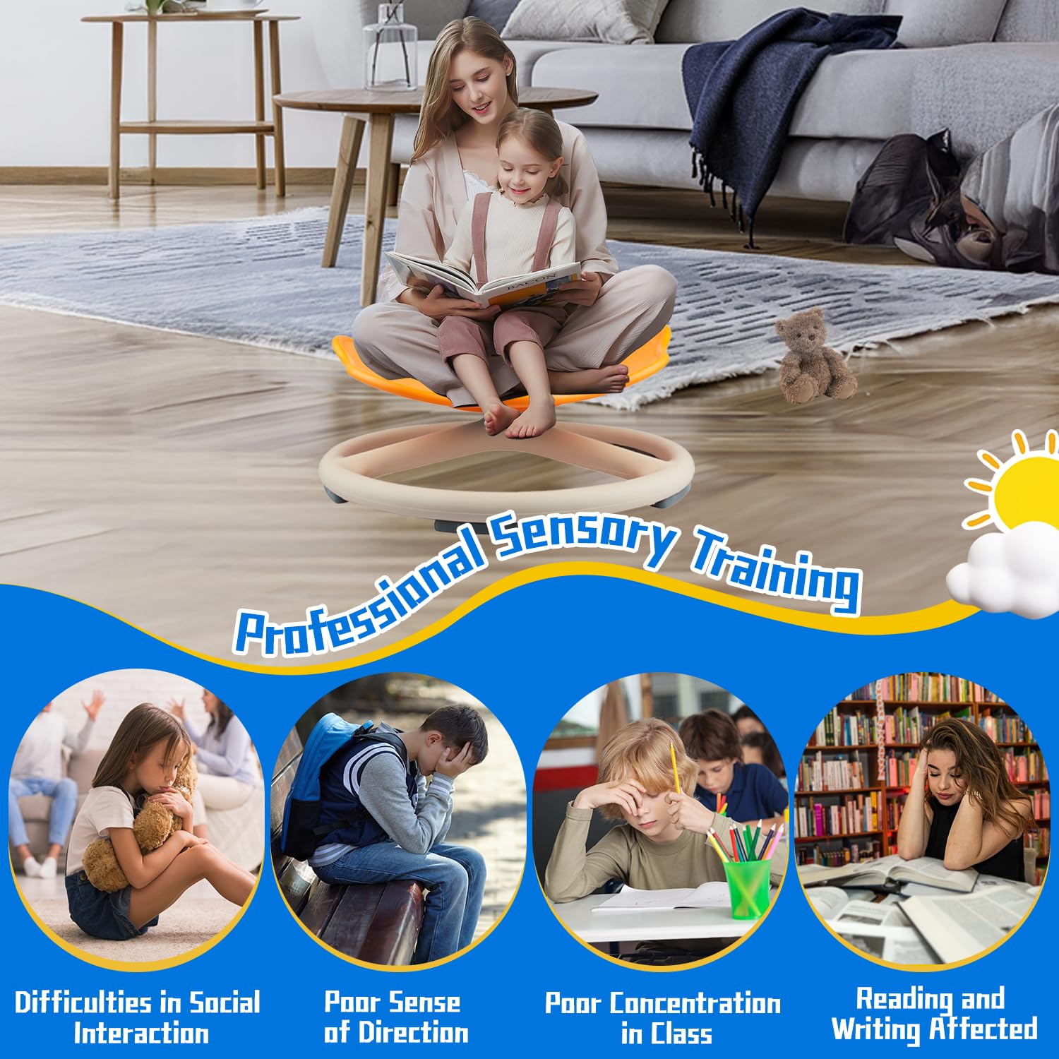 Sensorischer Drehstuhl für Autismus, ADHS, 360° drehbar, sensorisches Wackeln, Sitzen und Drehen, Training, Körperkoordination, Drehstuhl, Ausrüstung für drinnen und draußen, Orange