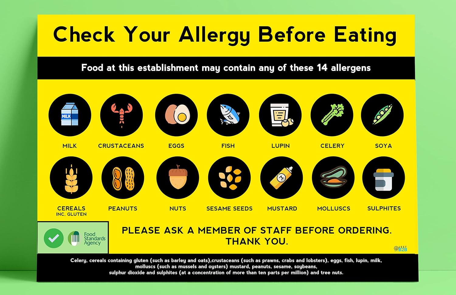 2022 FSA APPROVED A3 LAMINATED Allergy Sign Poster Restaurants