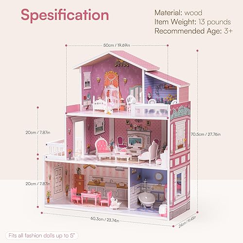 Miniatura 7 de ROBUD Juego de casa de muñecas de madera, 3 pisos, 5 habitaciones, 24 muebles, juguetes de simulación, regalo para niños pequeños y niñas