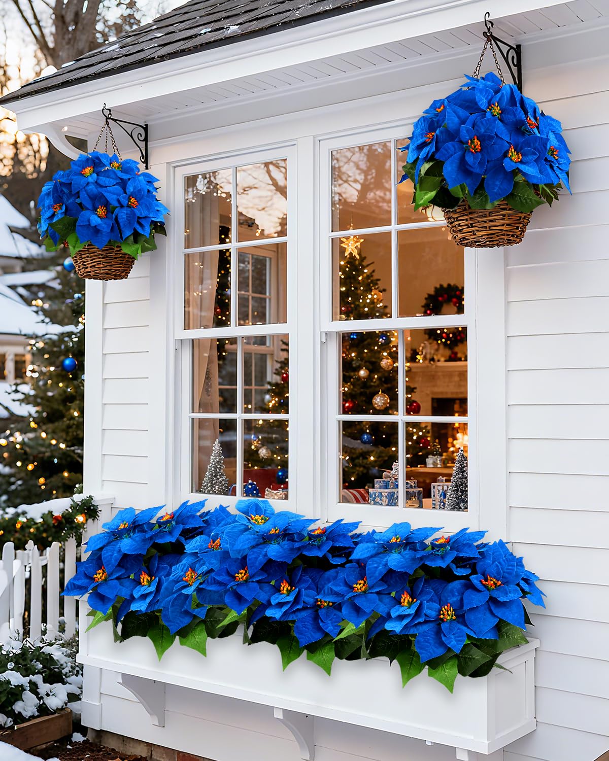 DuHouse Lot de 2 poinsettias artificiels en velours bleu roi de 50 cm pour la maison, la véranda, l'arbre, le jardin, l'intérieur et l'extérieur, décoration de Noël