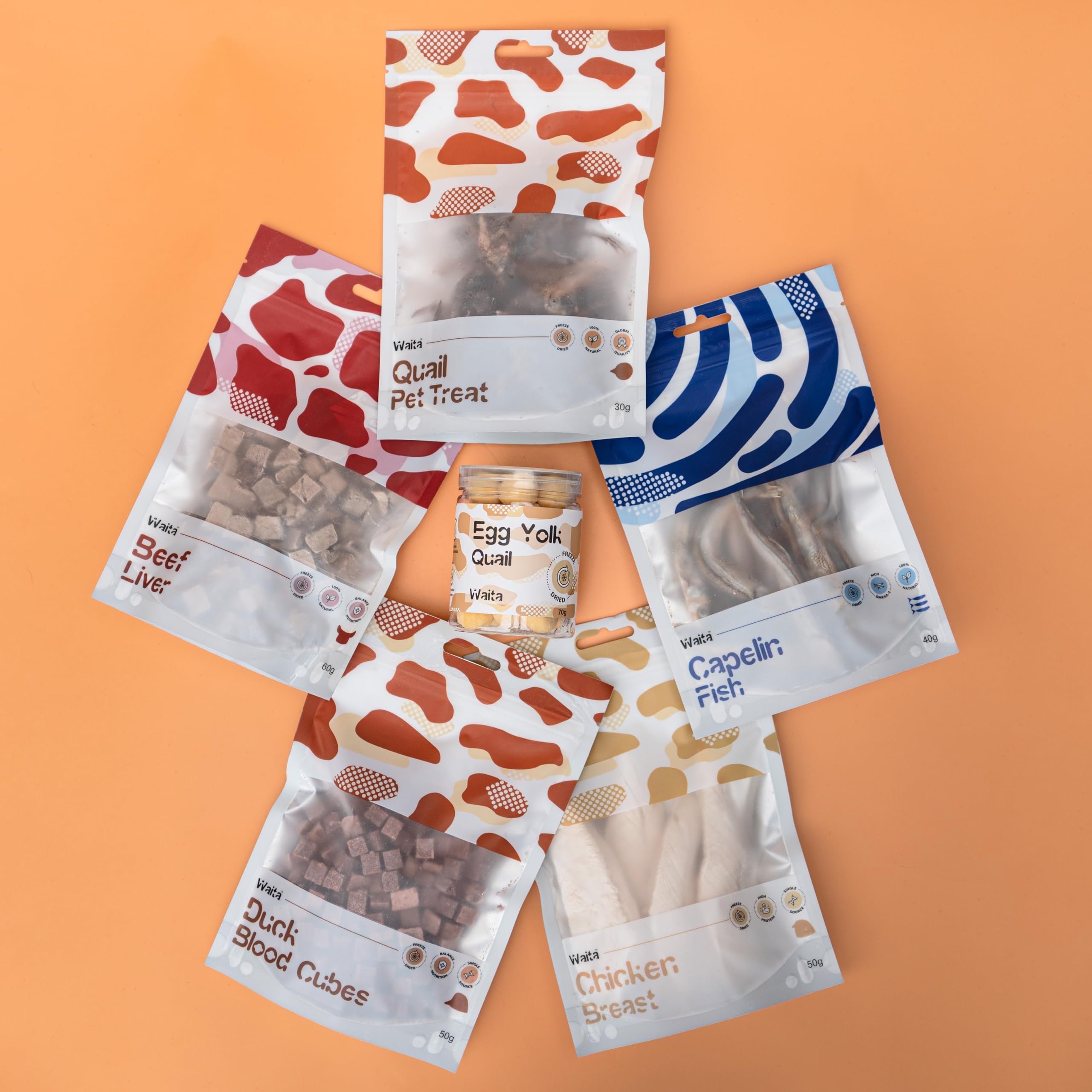 Freeze-Dried Dog and Cat Treats Box - 6 Pack Healthy Dog Treats for Single Ingredient Snack, Perfect Match for Cat Food and Dogs Food, Including Quail, Quail Egg Yolk, Capelin, Chicken, Beef Liver