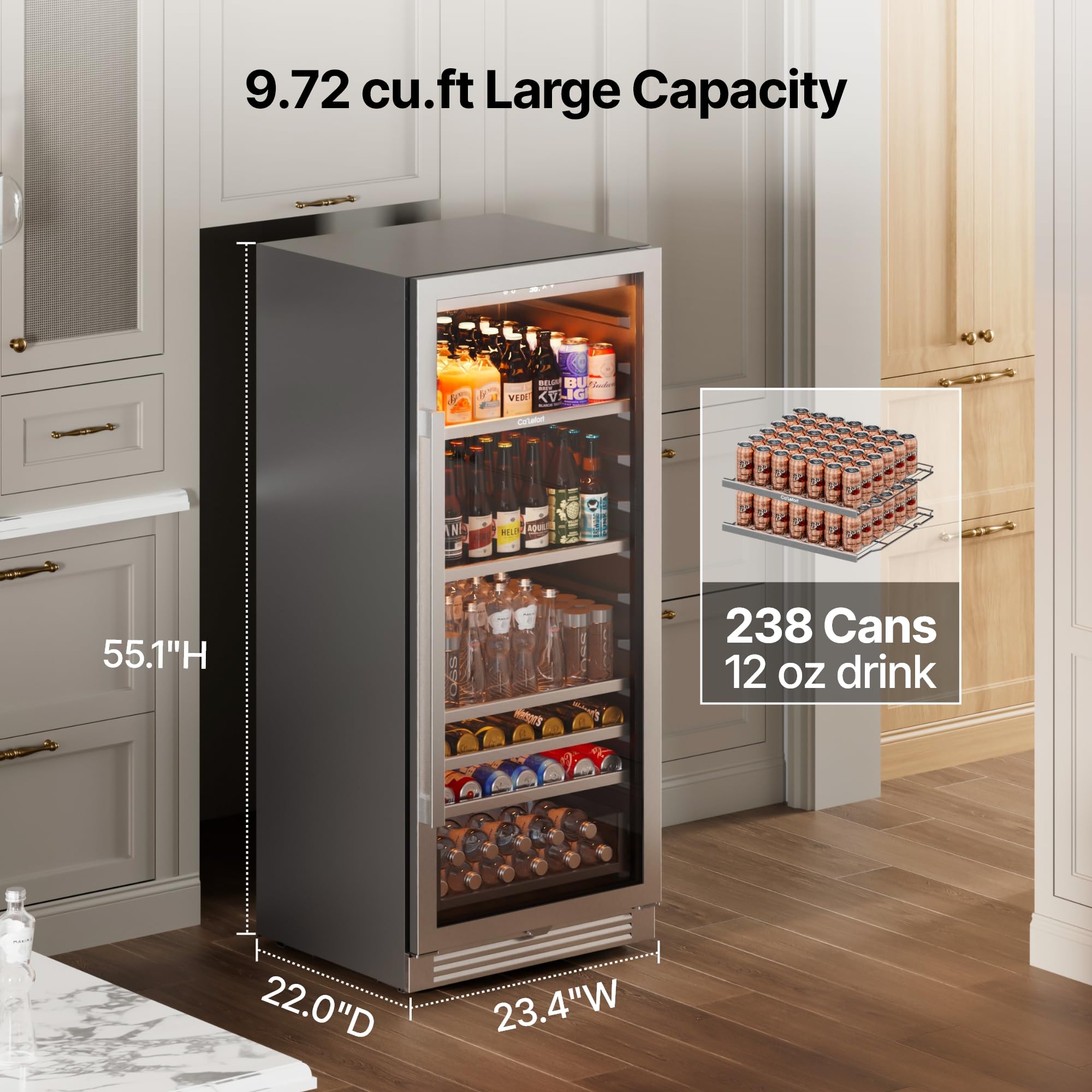 Ca'Lefort 24 Inch Beverage Refrigerator, 238 Cans Tall Beverage Fridge with Glass Door, 34-54°F Drink Fridge with 3 LED for Bar/Kitchen/Office, Freestanding or Built-In Beer Cooler for Beer/Soda/Wine