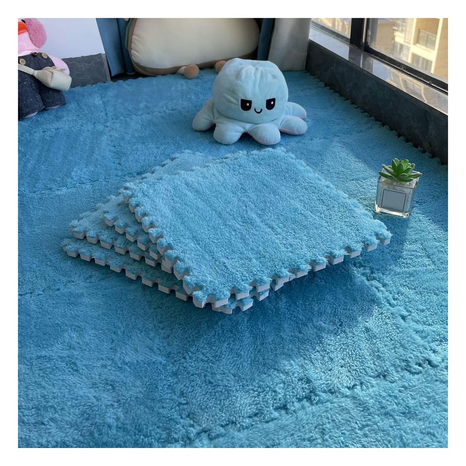 Plush Interlocking Carpet Tiles 12x12,10Mm Thick Foam Mat, Puzzle Play Mat, Soft Floor Mat in Light Blue+Purple - Anti-Slip, Anti-Fall, Perfect for Crawling and Playing